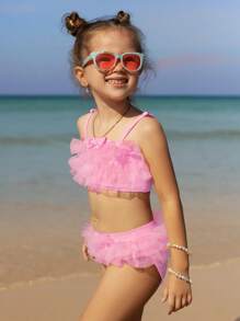 SHEIN Young Girl Solid Color Bow Decor Mesh Patchwork Ruffle Trim Adorable Swimwear Set - Baby Pink - View 4
