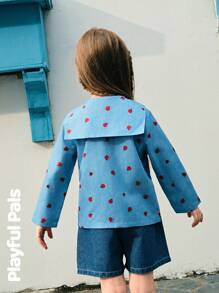 SHEIN 2pcs/Set Young Girls Fun All-Over Ladybug Print Polo Collar Top And Elastic Waist Soft Washed Vintage Blue Denim Shorts Set - Multicolor - View 2