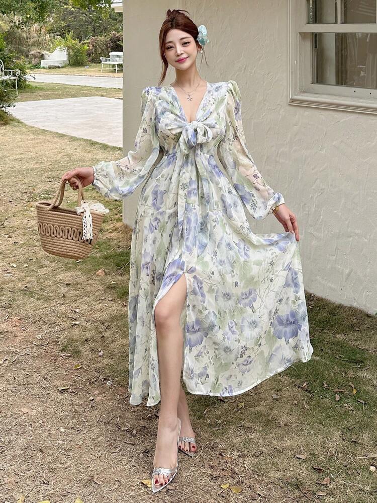 Women's Floral Print Tie-Up Midi Dress,Fall Dress Long Sleeve Dress Vacation Outfits Women Boho