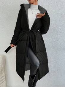 SHEIN Frenchy Solid Color Hooded Belted Long Black Padded Jacket