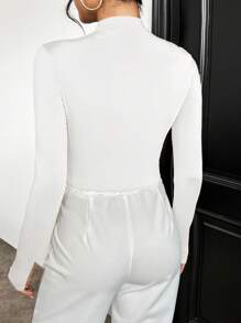 Firerie 女士纯色领长袖褶皱修身上衣，休闲日常穿着