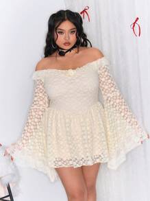 ROMWE Kawaii Plus Size Sweet Palace Style Lace Off Shoulder Flare Sleeve Dress