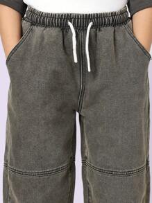 SUMWON 优质宽松牛仔裤，松紧腰带，拼接设计青少年男孩街头潮流裤，舒适休闲日常穿着，青春时尚 - 黑色 - 查看 5