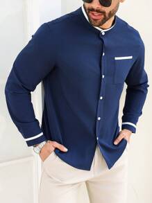 Manfinity Mode Plus Size Men's Solid Color Button-Up Pocket Long Sleeve Shirt - Blue - View 4