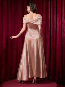 Modelyn Embroidered Jacquard Collar Patchwork Solid Color Fitted Waist And Flared Hem Ladies Dress - Pink - View 2