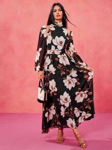 Oxana Vestito lungo elegante con maniche a lanterna, collo a lupetto, stampa floreale bohémien nera in chiffon, adatto per vacanze, primavera, matrimoni, festival, concerti, Ibiza e balli - Multicolore - Visualizzare 8