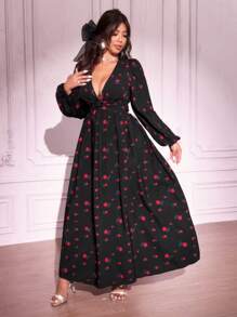 SHEIN Unity Robe élégante à manches lanternes à imprimé floral col V profond, grande taille, Saint-Valentin - Noir - Voir 6
