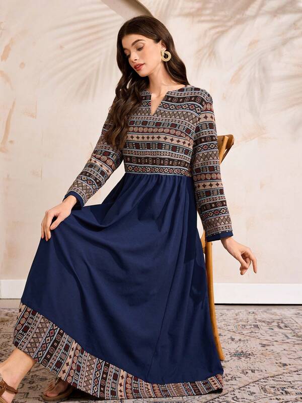 Al Najma Women's Solid Color Patchwork V-Neck Long Sleeve Elegant Dress