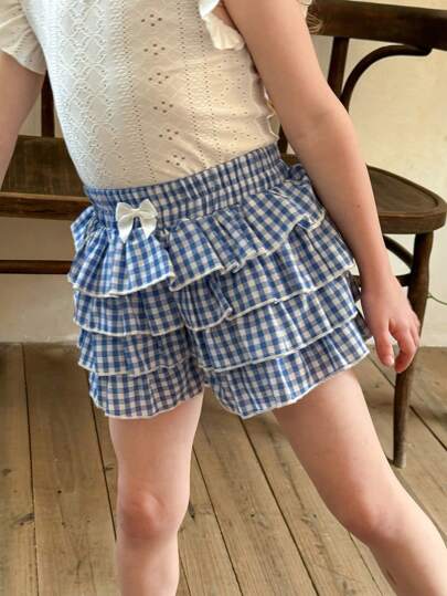 SHEIN LMoss Kids LMoss Young Girls's Casual Low-Waist Plaid Ruffled Girl's Ultra-Short Shorts Back To School Clothes Blue And White Boxer Shorts Simple Daily, Suitable For Spring And Summer