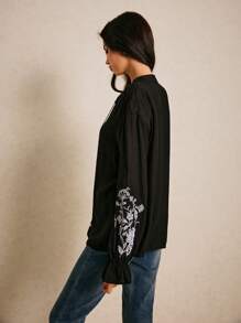 Poéselle Women's Floral Embroidery Front Tie Long Sleeve Casual Blouse - Black - View 2
