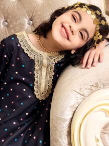 Young Girls ' Ramadan Long Sleeve Dress, Round Neck Gold Lace Colorful Polka Dot Print Long Robe - Black - View 1
