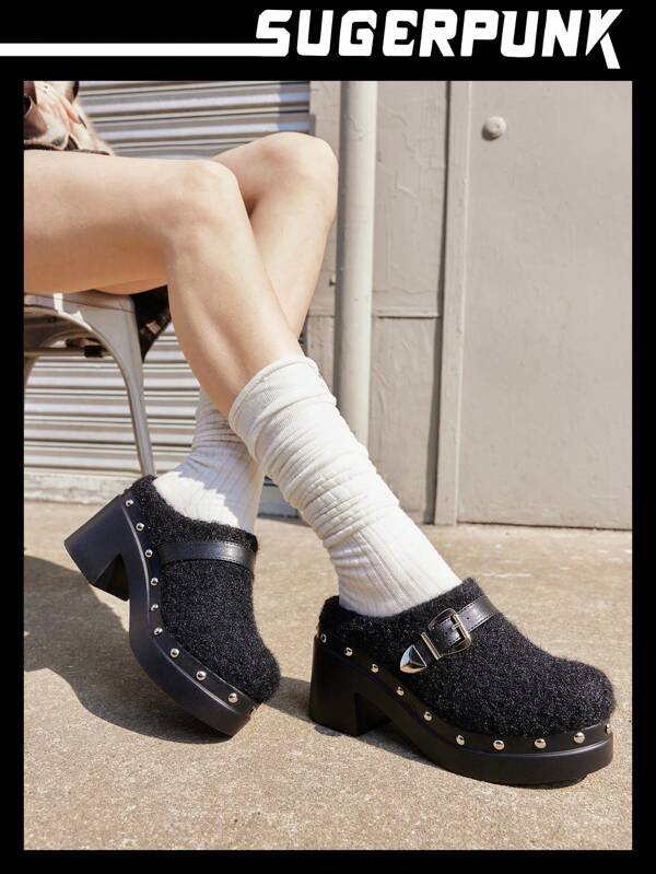 Sugerpunk Women Fashion Black Backstrap Wooden Clogs Platform Sandals