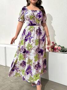 Modelyn Abito lungo a bolle con stampa floreale e maniche corte a palloncino, stile estivo per vacanze, taglia comoda, per donne, maxi