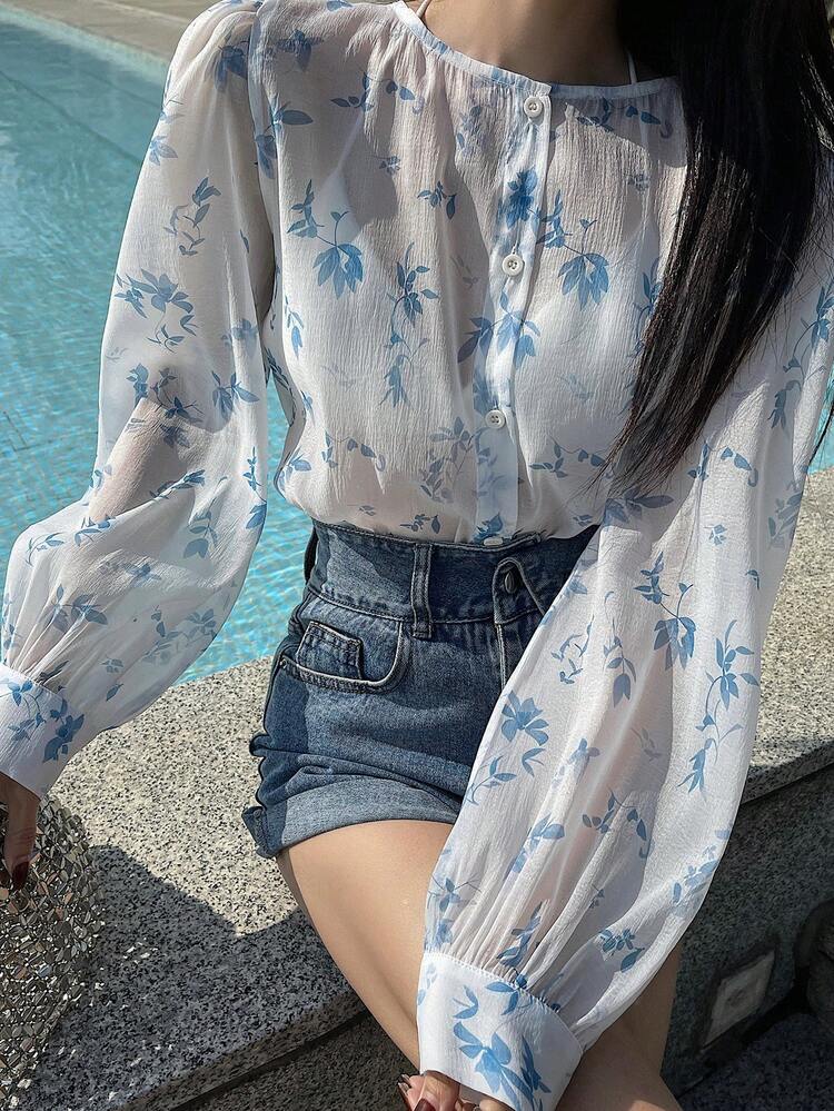 Women's Floral Print Loose Siamese Style Shirt,Fall Women Clothes Long Sleeve Top Boho