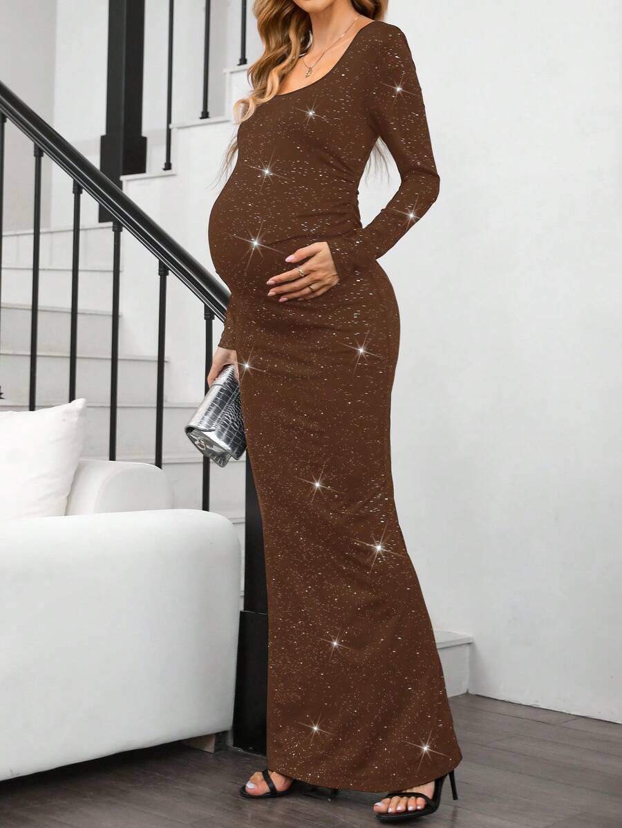SHEIN Maternity Elegant Luxury Comfortable Square Neck Long Sleeve Dress For Dates, Gatherings, Birthdays, Parties, Baby Shower