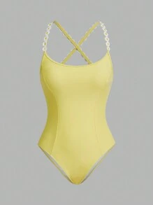 Swim Mod Women's Cute Daisy Backless One-Piece Swimsuit, For Summer Beach Vacation - Yellow - View 1