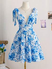 Soleia 春夏度假浪漫蓝白碎花系带A字度假连衣裙，适合约会、情人节、下午茶