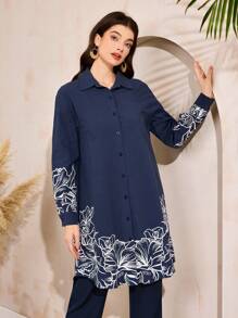 Al Najma Áo sơ mi Ả Rập dài tay in hoa giản dị, màu xanh navy - Màu xanh hải quân - Xem 3