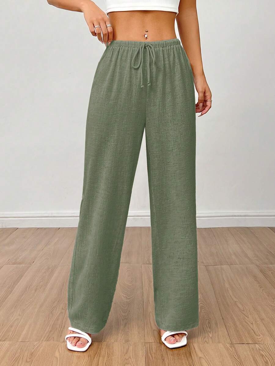 SHEIN PETITE Women's Linen High Waisted Summer Baggy Pants
