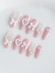 ROMWE Kawaii 10 件法式 Y2K 可爱简约性感风格 3D 人造珍珠心形蝴蝶结细节装饰人造珍珠链手绘美甲 + 3 件双面胶 - 彩色 - 查看 5