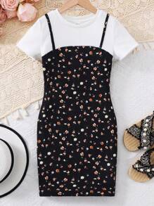 Tween Girls' Ditsy Floral Patchwork Solid Color Round Neck Casual 2 In 1 Short Sleeve Dress - Black - View 1