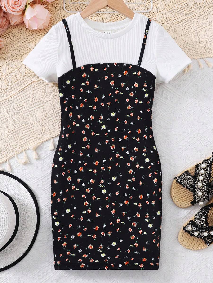 Tween Girls' Ditsy Floral Patchwork Solid Color Round Neck Casual 2 In 1 Short Sleeve Dress - Black - View 1