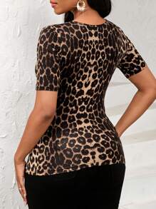 Lady Blusa casual de mujer de manga corta con panel de malla y cuello redondo con estampado de leopardo, camiseta de manga corta para uso diario - Multicolor - Ver 2