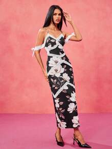 Oxana Vestido elegante y romántico con estampado floral negro, encaje blanco y tirantes, apto para Día de San Valentín, festivales, conciertos, bodas y bailes de graduación