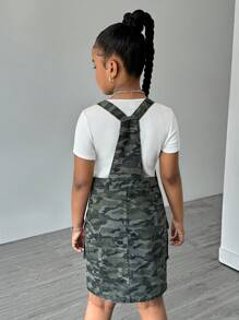 SHEIN Mono vestido de mezclilla con estampado de camuflaje estilo Y2K con múltiples bolsillos para niñas preadolescentes - Multicolor - Ver 3