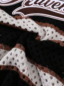 ROMWE MEN Prep Men's Retro Streetwear Colorblock Striped Letter Embroidery Sweater - Black - View 6