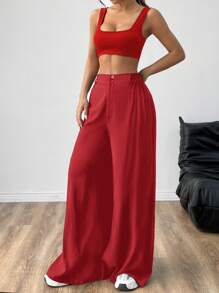 SHEIN EZwear Music Festival Flowy Slit Wide Leg Pants & Seamless Scoop Neck Cami Top - Red - View 5