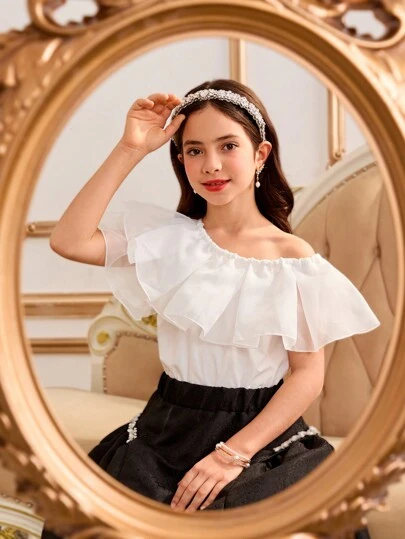 Blusa de unicolor con volantes y empalmes para niñas preadolescentes