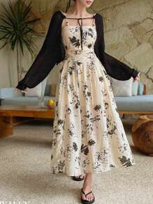 DAZY فستان صيفي مُطبع بالأزهار، ذو جوانب مفرّغة على الخصر للنساء