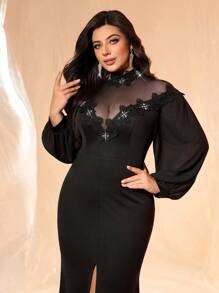 Coutiva Vestido de gala negro de talla grande, vestido de invitada de boda con cuello alto con cuentas, vestido de fiesta, vestido de noche - Negro - Ver 7