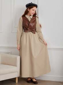 2 件套复古风格休闲装，适合少女 - 棕色领带领无袖夹克背心和长袖收腰连衣裙 - 彩色 - 查看 3