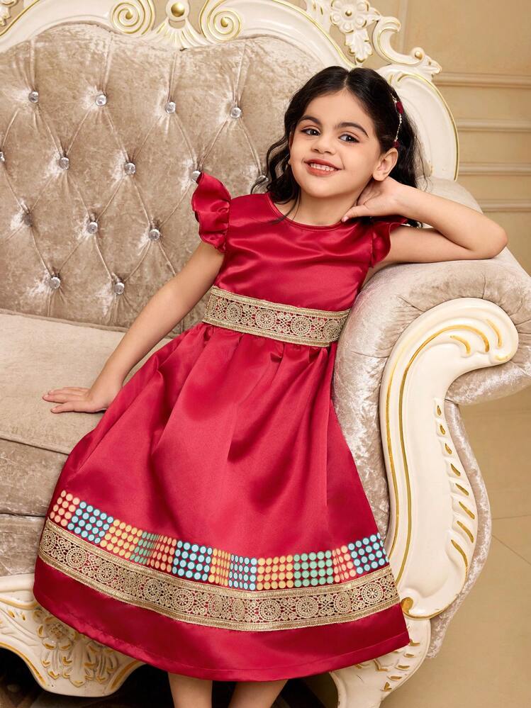 Vestido retro con mangas de campana y cierre con cremallera en color borgoña, con bolso grande a juego, para niñas jóvenes en Eid - Burdeos - Añade 7