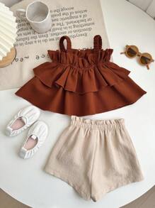 SHEIN LMoss Kids Baby Girl Cute Summer Vacation Ruffle Strap Top And Shorts Set - Brown - View 2