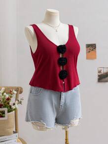 Soleia Blusa de punto negra de talla grande con decoración 3D de rosa roja y diseño hueco en la parte delantera, para el estilo vacacional bohemio en verano