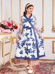1 peça vestido estilo vintage com estampa floral e emenda francesa, manga bufante longa, cintura franzida, primavera/verão - Branco - Ver 6