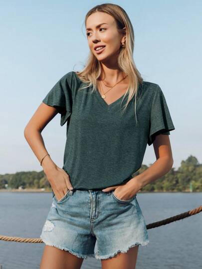 SHEIN LUNE V-Neck Ruffle Cap Sleeve Floral Print Casual/Vacation Elegant Comfortable Women T-Shirt Vacation Outfits Woman