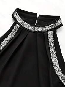 INAWLY Women Elegant Sequins Embellished Pleated Stand Collar Slim Fit Sleeveless Top - Black - View 4