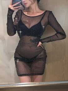 DAZY Camisón sexy de ajuste ceñido con hilo plateado transparente y tejido de malla