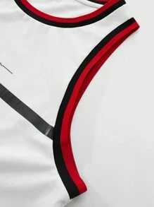 Manfinity Homme Men's Casual Daily And Beach Vacation Style, INS Matching Item: Classic Black, White, And Red Color Block Design White Basketball Jersey Style Tank Top, With A Creative Alphabet Combination Design On The Chest And Black And Red Ribbed Color Block On The Cuffs And Neckline. Perfect For Beach Vacations, And Great As Gifts For Boyfriends Or Husbands.