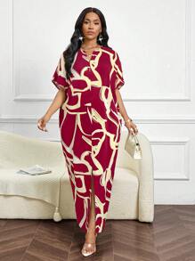 SHEIN Lady Vestido modesto de manga de mariposa tejido, elegante y casual para otoño e invierno, estilo árabe - Rojo - Ver 3
