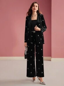 MOTF PREMIUM Pantalones de traje sastre con bordado floral de terciopelo - Negro - Ver 7