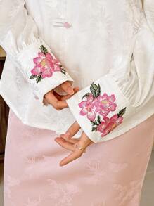EastFlair Blusa larga de manga larga casual y elegante con bordado floral para mujer