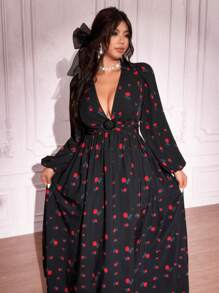 SHEIN Unity Robe élégante à manches lanternes à imprimé floral col V profond, grande taille, Saint-Valentin - Noir - Voir 2