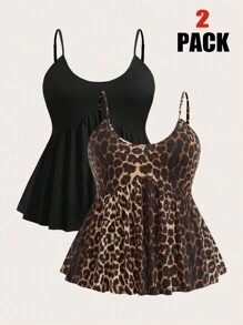 SHEIN EZwear Conjunto de 2 piezas con top camiseta y estampado de leopardo en negro y blanco, para mujer de talla grande, para primavera/verano