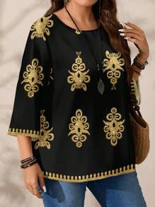 EMERY ROSE Plus Size Women Floral Print Casual Loose Fit Round Neck 3/4 Sleeve Blouse, Autumn/Winter