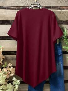 Plus Size Women's Solid Color Round Neck Short Sleeve Button Design Casual T-Shirt - Burgundy - View 2
